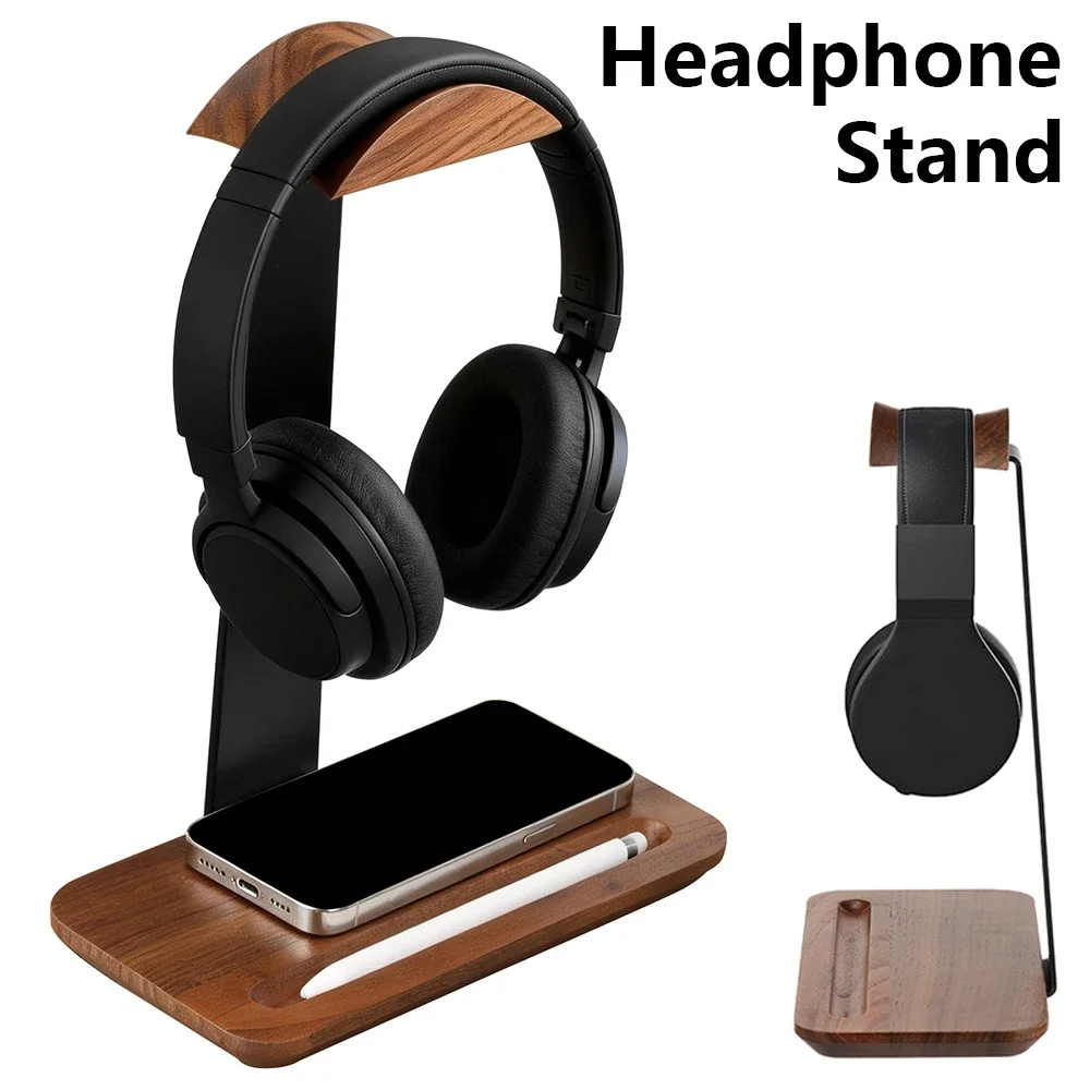 Desk Setup Wood - Universal Wood Headphone Stand with Storage