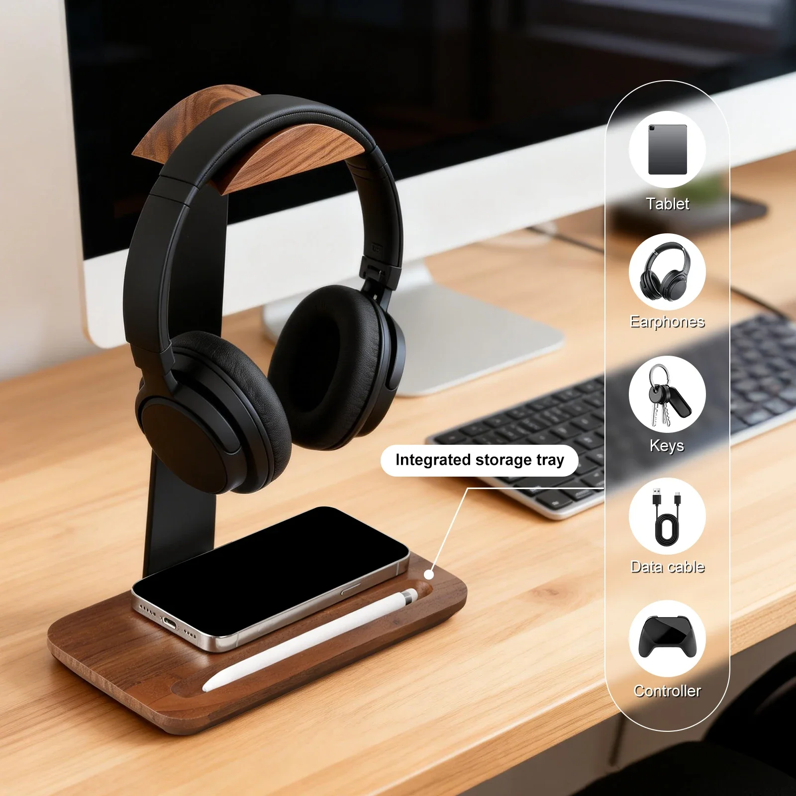 Universal Wood Headphone Stand - Desk Setup Wood recension och pris